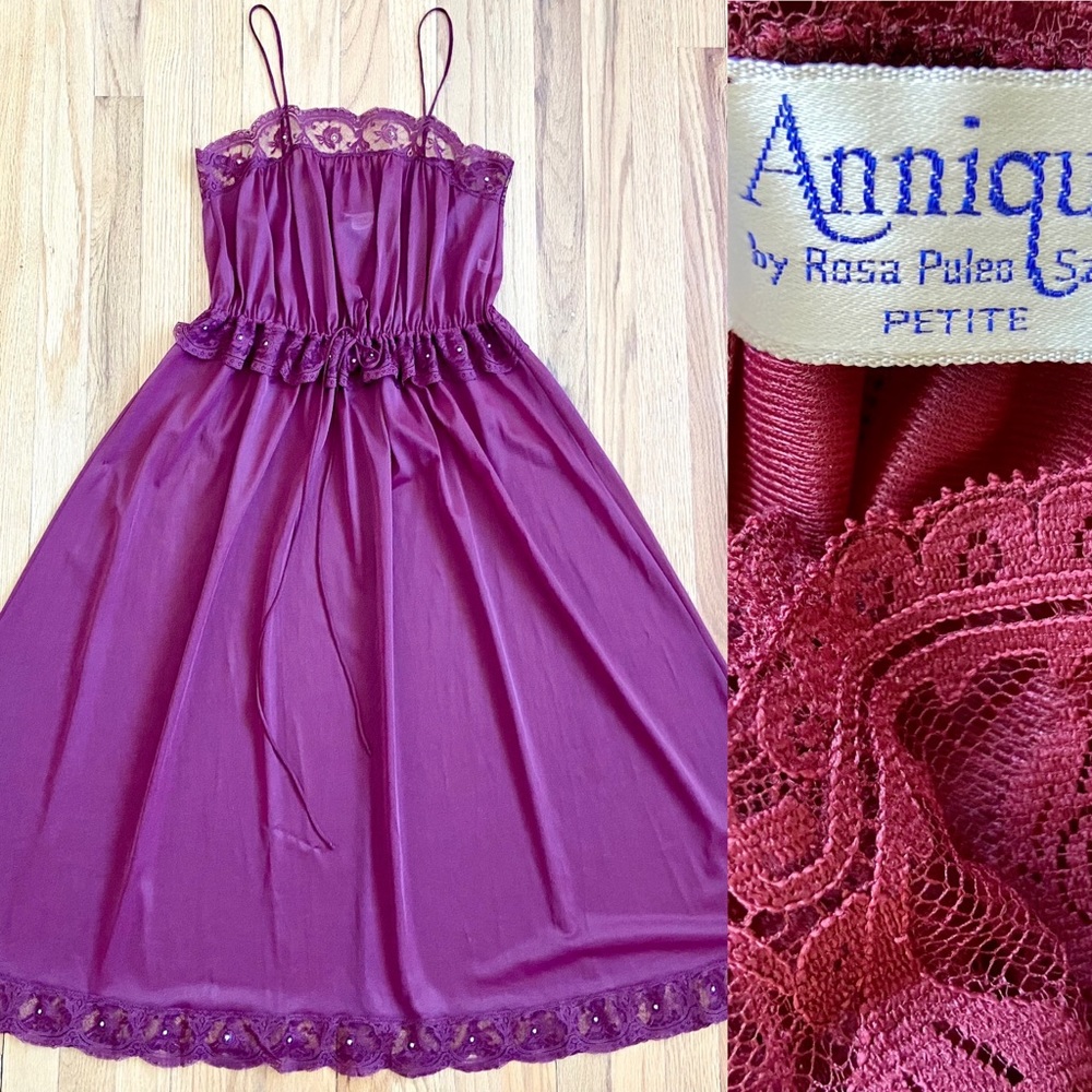 Vintage Sheer Nylon Nightgown *Petite* ANNIQUE Burgundy Embellished Sweeping